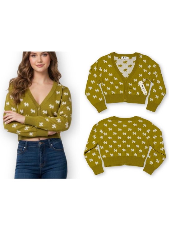 Ye Mak Sweaters - Ye MAK Small Cropped Avocado Dog 3/4 Sleeve Cotton Knit Cardigan Sweater